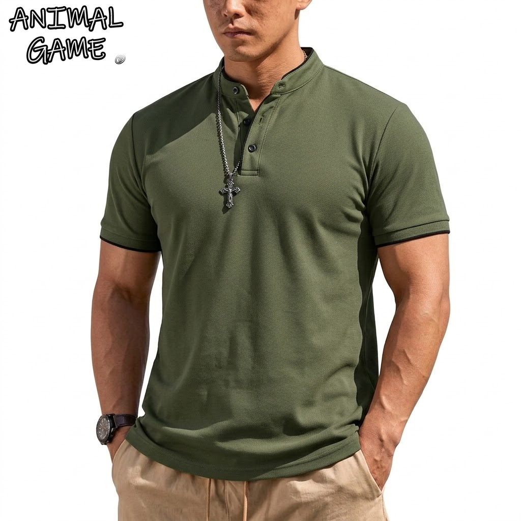 Men Fashion Upper - Camiseta Henley de Manga Corta para